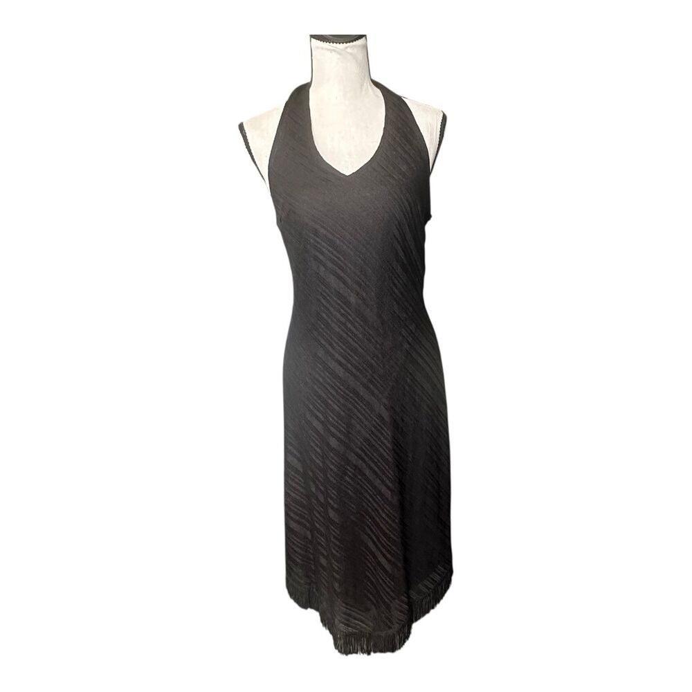 Vintage Fringe Hem Black Halter Dress Large USA